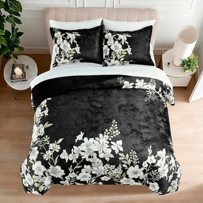 Sunshine Nicole Reversible Comforter Set, Printed Distressed Velvet Front and Sold Distressed Velvet Reverse, 3 Pieces Black Queen, with Soft Polyester Fill - color: Black, size: Queen