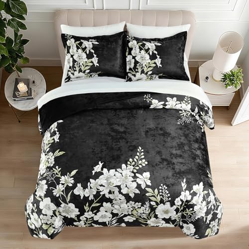 Sunshine Nicole Reversible Comforter Set, Printed Distressed Velvet Front and Sold Distressed Velvet Reverse, 3 Pieces Dark Green King, with Soft Polyester Fill - color: Black, size: King