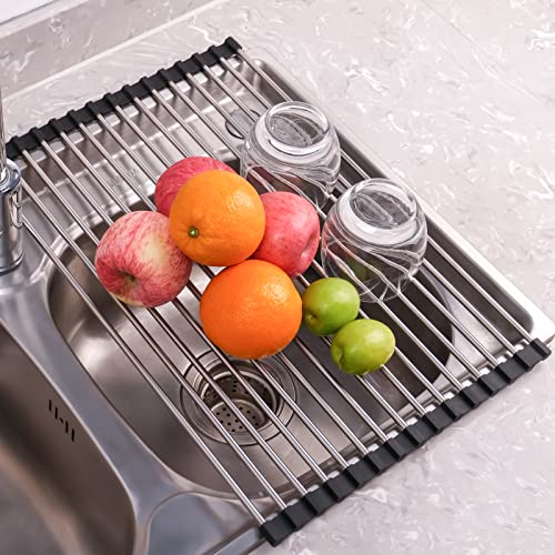 Seropy Roll Up Dish Drying Rack Over The Sink Drying Rack for Kitchen Counter, Folding Dish Rack Over Sink Mat, Stainless Steel Dish Drainer Rack Kitchen Sink Organizer Accessories 17.5"x13.7" - color: Black, size: 17.5 x 13.7 in