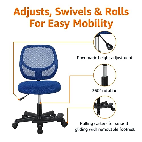 Amazon Basics Kids Adjustable Height Mesh Low-Back Swivel Desk Chair with Footrest, Rolling Study Chair, Armless, Blue - color: Blue