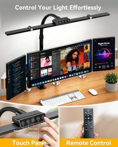 LED Desk Lamp with Clamp, 24W 3-Panel Light for Dual Monitors | 1800 Lumens, 96 LED, 3 Adjustable Panels, 360° Gooseneck, 2700K-6500K Color Temps, Remote, Touch Control, Memory Function - style: 27.2 Inch