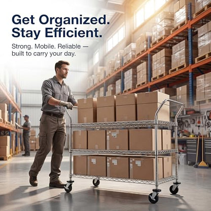Finnhomy 3-Tier Commercial Grade Rolling Cart, Heavy Duty Utility Carts with Wheels and Handles, Kitchen Trolly on Wheels, Metal Serving Shelves with 700 lbs Capacity, Shelf Size 24" D x 48" W, NSF - size: 23.6"D x 55.1"W x 43.8"H