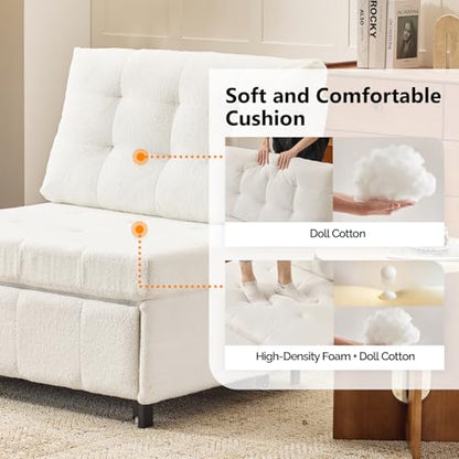 VINGLI Convertible Sofa Bed Tufted Teddy Fleece Sleeper Chair Bed Couch Armless Living Room Chairs with Adjustable Backrest Pull Out Couch Bed for Small Spaces - color: White