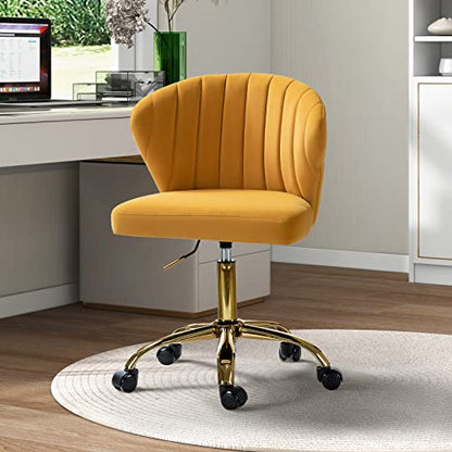 TINA'S HOME Office Desk Chairs with Wheels & Gold Base, Modern Velvet Cute Armless Office Chair, Adjustable Low Back Swivel Rolling Chair, Upholstered Task Chair for Living Room Vanity Study-Mustard | Modern Velvet Cute Armless Office Chair, Adjustable Lo