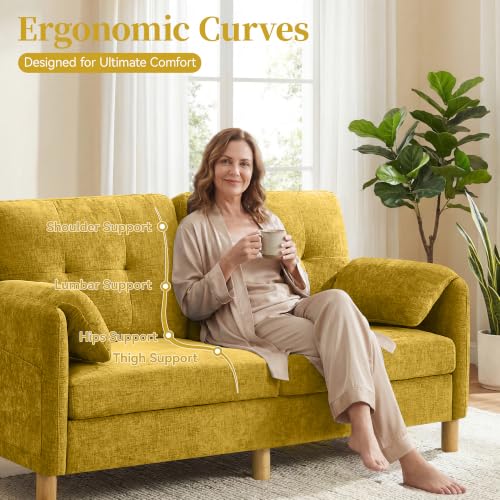 Mid Century Modern Couch, 65" Loveseat Sofa, Yellow | Storage Pockets, Upholstered Small Loveseat for Small Spaces, Bedroom, Home Office, Apartments - color: Yellow