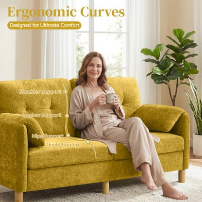 Mid Century Modern Couch, 65" Loveseat Sofa, Yellow | Storage Pockets, Upholstered Small Loveseat for Small Spaces, Bedroom, Home Office, Apartments - color: Yellow