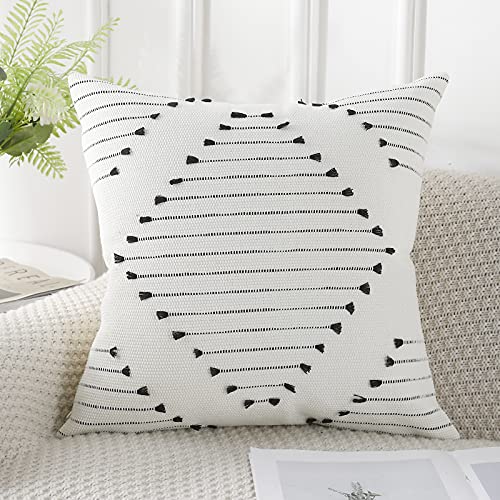 PANOD Knitted Boho Tufted Throw Pillow Covers with Tassel 20x20 inch, Decorative Indoor Outdoor Bohemian Square Cushion case Pillowcase for Couch Sofa Bedroom car Farmhouse Black and Cream White - color: Ivory, size: 20" x 20" (Pack of 1)