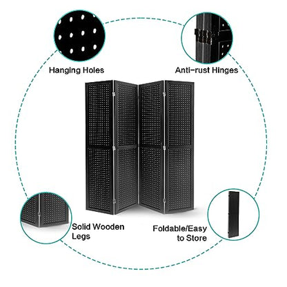 4 Panel Pegboard Room Divider | Folding Freestanding Display Screen, Privacy Partition for Retail, Craft Shows, Home Office, and Exhibition Use Black - color: Black-4 Panel, size: 4 Panel