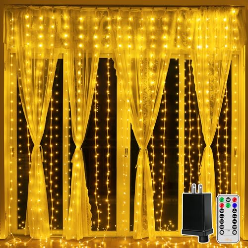 Ollny Curtain Lights 300LED 9.8ftx9.8ft, Connectable IP67 Waterproof Outdoor Curtain String Lights with Remote, Plug-in Untangle Fairy Lights with 8 Modes 3 Timers for Wall Backdrop Decor(Warm White) - color: Warm White, size: 9.8 ft