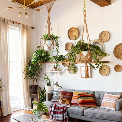 4 Pack Macrame Plant Hangers Indoor Up to 10 inch Pot, Boho Hanging Planters, Plant Holder with 8Pcs Stainless Steel Hooks - color: 4pcs Caramel Hanger