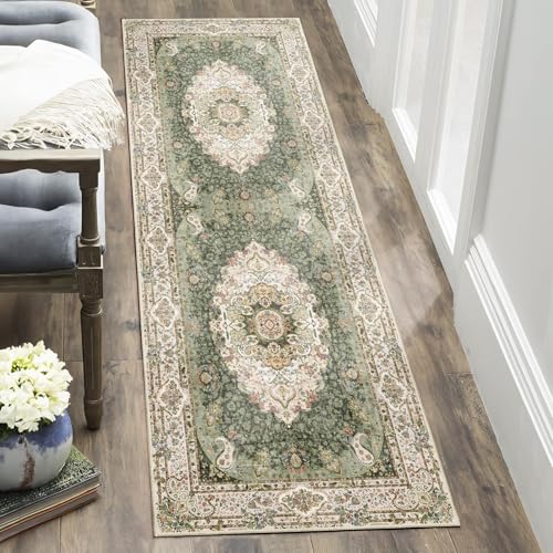 Washable Runner Rug 2'x6',Green Rug Runners Non Slip for Hallways | Long Boho Rugs for Kitchen Bedroom Entryway Living Room Bathroom,Vintage Bohemian Distressed Floor Carpet,Floral - color: New Green, size: 2'x6'