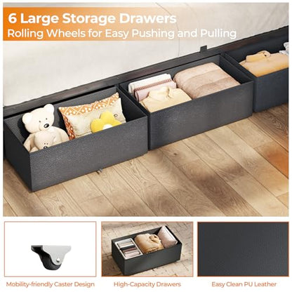 Queen Bed Frame with Storage Headboard, 6 Drawers, LED&Charging | 2-Tier PU Leather Upholstered Headboard, Charging Station&RGB Lights, No Box Spring Needed, easy assembly, Noise-Free,Black - color: Black, size: Queen