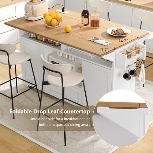 Einhomn 65" Kitchen Island with Drop Leaf, Island Table for Kitchen on Wheels with Trash Can Storage and Power Outlet, White - style: White