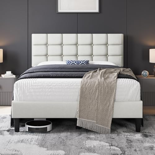 Yaheetech Full Size Upholstered Tufted Bed Frame with Headboard, Beige | Sturdy engineered wood frame with linen fabric upholstery features a soft tufted headboard for easy assembly and support - color: Beige, size: Full