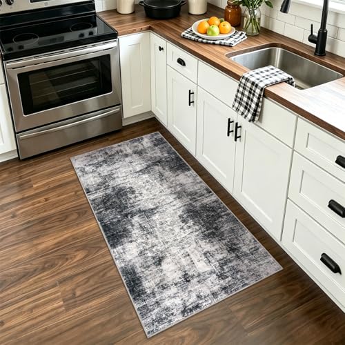 Abstract Runner Rug 2x4 Ft Entryway Rugs Washable Door Mat Indoor Entrance, Rubber Backed Entryway Runners, Printed Faux Wool Non Slip Floor Carpet for Foyer Front Door Sink, Black Grey - color: Black/Grey/White, size: 2' x 4' (Rectangular)