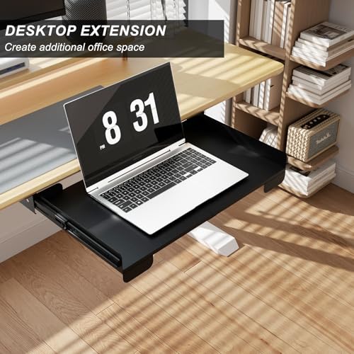 26 Inch Under Desk Mounted Sliding Loptop Drawer, Desktop Extension Pull-Out Laptop Tray for Office Desk, Extra Storage Organizer for Sit Stand Workstation - size: 26 INCH