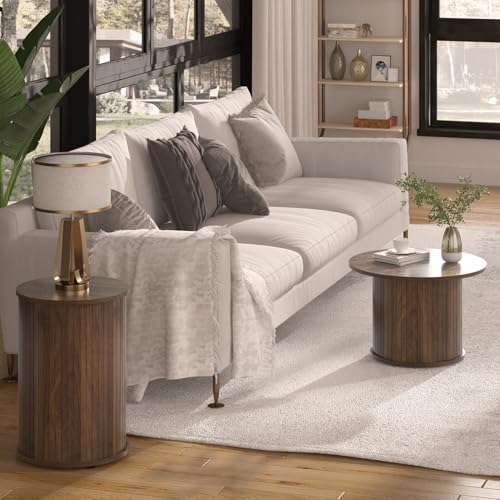 Set of 2 Round Nesting Coffee Tables for Living Room, Fluted Circle Walnut Wood Coffee and End Table Sets for Apartment, Small Spaces, Bedroom, Modern Style, Easy Assembly & Maintenance