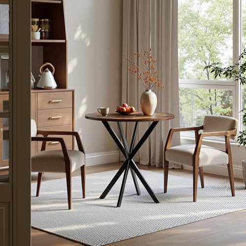 Unovivy 31.5" Small Round Dining Table for 2-4 Rustic Brown Dinner Table | Space Saving Circle Small Kitchen Table, Industrial Mid Century Modern Dining Room Desk for Kitchen, Apartment - color: Rustic Brown, style: Round