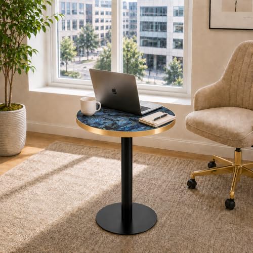 TesNus 23.6" Small Round Dining Table for 2, Circle Tulip Table, Faux Marble Top with Black Metal Pedestal Base, Modern Leisure Coffee Table for Small Spaces, Cafe, Office, Blue&Black - color: Blue Top&black Base