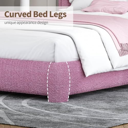 BarnFurin Full Bed Frame, Cloud Boucle Headboard, Low Profile, Rose Pink | Soft boucle and rounded edges create a low-profile cloud look. Wooden slats support the mattress without a box spring - color: Rose Pink, size: Full