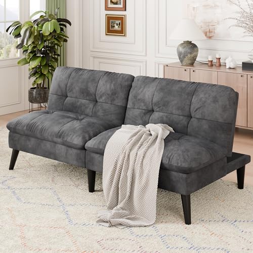 Vongrasig Futon Sofa Bed Velvet Futon Couch with Adjustable Backrest, Small Convertible Folding Sleeper Sofa Bed, Modern Loveseat for Living Room, Bedroom and Small Space, Gray - color: Grey
