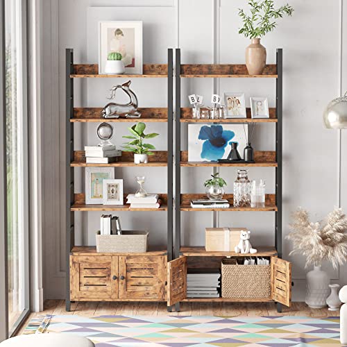 IRONCK 4 Tier Ladder Bookcase with Louvered Doors Rustic Brown | Bookshelf; Ladder Shelf;bottom cabinet; anti tip kit; for Bedroom Living Room Home Office