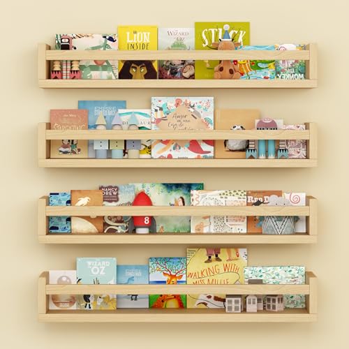 Onlysky Set of 4 Wall-Mounted Kid's Bookshelf - Wood Floating Nursery Book Shelves - Durable Wood Construction - Ideal for Nursery Decor, Kids Room, Toy Storage - color: Wood, size: 23 Inches