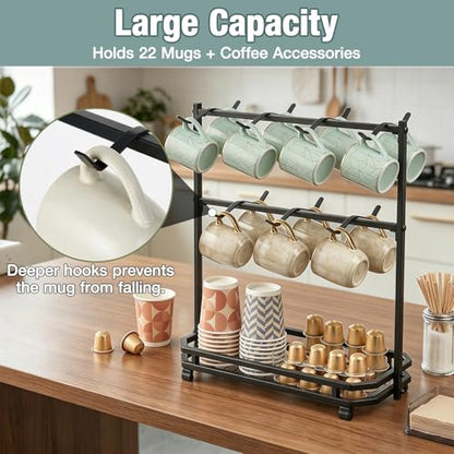 Coffee Mug Holder for Countertop, 14 Hooks Metal Coffee Cup Holder Rack | Mug Tree Stand with Storage Base for K Cup Coffee Pod Paper Cups Tea Bag, 2 Tier, Black - color: 2-Tier
