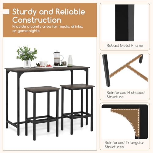COSTWAY 3-Piece Dining Table Set, 47.5" Industrial Counter-Height Kitchen Table and 2 Bar Stools, High Top Rectangular Pub Table and Chairs for Dining Room Small Place Breakfast Nook Bistro (Grey) | w/ 2 Bar Stools, High Top Rectangular Pub Table and Chai
