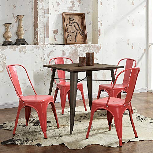 Devoko Metal Indoor-Outdoor Chairs Distressed Style Kitchen Dining Chairs Stackable Side Chair with Back Set of 4 (Red) - color: Red