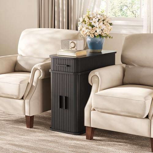 Side End Table with Charging Station, Slim Nightstand with Drawer, Mid-Century Wood Skinny Bedside Table with Storage, Narrow Side Tables for Small Space Living Room Bedroom Office Sofa Couch Black - color: Black