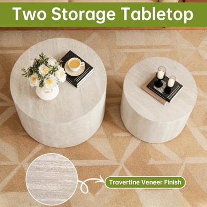 18 inch Round Travertine Nesting Coffee Table Set of 2, Terrazzo | Travertine Veneer, For Living Room, Mid-Century Modern Style, Nestable Design, Circular Nested End Table, For Small Spaces - color: Terrazzo