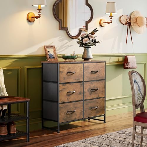 WLIVE Dresser for Bedroom with 6 Drawers, Rustic Brown Wood Grain Print | Closet Dresser, Metal Frame, Wooden Top, Fabric Dresser for Closet, Living Room, Hallway - color: Rustic Brown Wood Grain Print