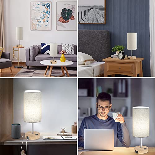 Bedside Table Lamps with 2 USB Charging Ports & AC Outlet, Set of 2 Touch Control Wooden Base Nightstand 3-Way Dimmable Lamps with Beige Fabric Shade for Bedroom, Living Room, A19 E26 Bulbs included - color: Cream