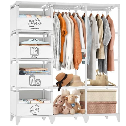 Portable Closet, Easy Assembly, Large Capacity Wardrobe Closet | Sturdy and Stable Clothes Rack with Shelves 4 Storage Baskets and 2 Hanging Rods, for Bedroom and Cloakroom 50 In White - color: White