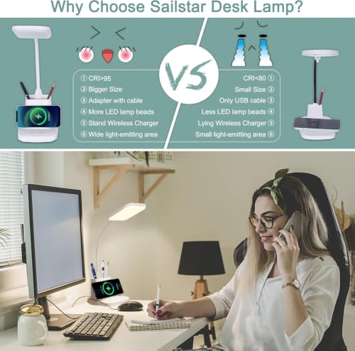 LED Desk Lamp with 10W Wireless Charging & Pen Holder, Snow White | CRI 95, 800LM, Stepless Dimming, 3 Modes, 360°Flexible Arm, Touch, Study Table Lamp for Home Office, Dorm Room, with Adapter - color: Snow White
