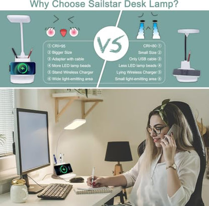 LED Desk Lamp with 10W Wireless Charging & Pen Holder, Snow White | CRI 95, 800LM, Stepless Dimming, 3 Modes, 360°Flexible Arm, Touch, Study Table Lamp for Home Office, Dorm Room, with Adapter - color: Snow White