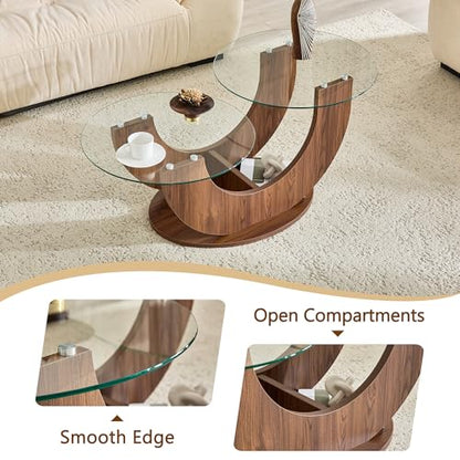 Modern Glass Coffee Table, 31.8" U-Shaped Wood Base Side Table with Tempered Glass Top, 2-Tier Round Accent Table with Walnut Finish for Living Room, Bedroom, Office - color: Walnut, size: 31.8" U-Shaped