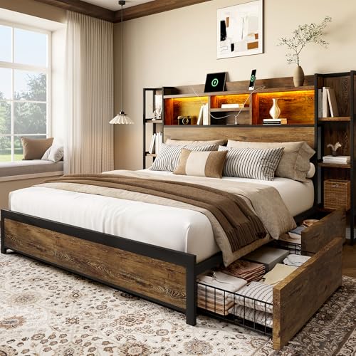 King Size Bed Frame with 4 Storage Drawers and Headboard Featuring Shelf Storage, Wooden Platform Bed Frame with LED Lights and Charging Station, Easy Assembly/No Box Spring Needed/Brown - color: Brown, size: King