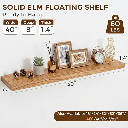Dreamland 40 Inch Long Floating Shelves Set of 2, Rustic Solid Elm Wood Floating Shelf Wall Mounted, 8 Inch Deep Wooden Wall Shelves for Living Room, Bedroom, Bathroom, Kitchen, Natural - color: Natural, size: Flat Edge - 40"L