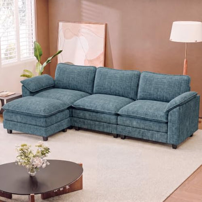JUMMICO 118.9" L Shaped Sectional Couch, Modular Cloud Sofa, Dark Blue | Comfy Chenille, Movable Ottoman, Deep Seat, Double Layer Cushion, 3 Seat, High-Density Foam, for Living Room - color: Dark Blue, size: L Shaped Sofa