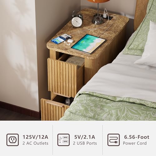 win2win Narrow End Table with Charging Station, Fluted Drawers, Oak | Tall Small Side Table with Storage , Boho Nightstand with Faux Marble Top , Wood Beside Table for Living Room , Bedroom - color: Oak