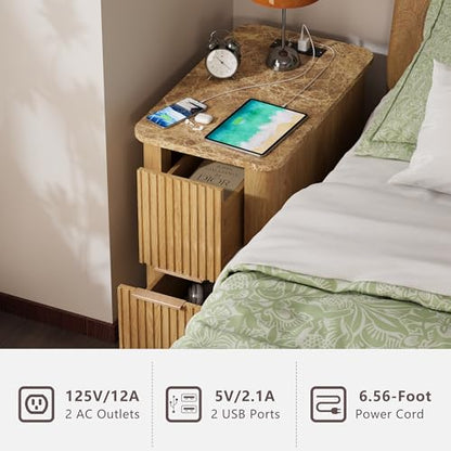 win2win Narrow End Table with Charging Station, Fluted Drawers, Oak | Tall Small Side Table with Storage , Boho Nightstand with Faux Marble Top , Wood Beside Table for Living Room , Bedroom - color: Oak
