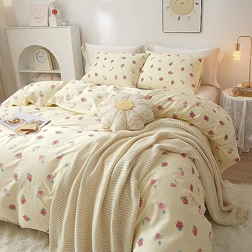 LifeTB Cute Strawberry Duvet Cover Twin Kids Girls Strawberry Bedding Set Kawaii Kids Duvet Cover Soft 100% Cotton Fruit Bedding Cover Boy Teen Cute Comforter Cover with 2 Pillowcases, Cream White - color: A7# Small Strawberry, size: Twin(68"x86")