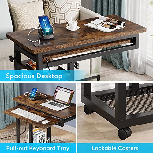 Tribesigns Small Portable Desk with Power Outlet, Height Adjustable Sofa Couch Bedside Laptop Table with Wheels, Mobile Standing Desk Rolling Computer Cart C Side Table with USB Ports - color: Brown