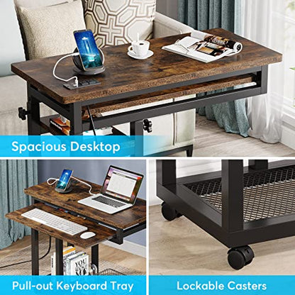 Tribesigns Small Portable Desk with Power Outlet, Height Adjustable Sofa Couch Bedside Laptop Table with Wheels, Mobile Standing Desk Rolling Computer Cart C Side Table with USB Ports - color: Brown