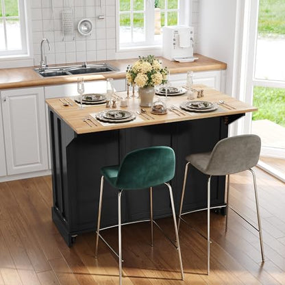 HLR Kitchen Island with Drop Leaf & Storage, Solid Rubber Wood Top Rolling Kitchen Cart with Carved Recessed Panel Doors, Large Mobile Island Table on Wheels for Kitchen, Dining Room (Black) - color: Black