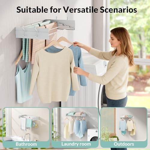 BAKON Wall Mounted Foldable Clothes Drying Rack - Indoor Outdoor Laundry Drying Rack with 4 Hooks & 4 Poles, Space Saving Concealed Design for Storage (23.6"【Upgrade】) - size: 23.6'' with 4 Hooks