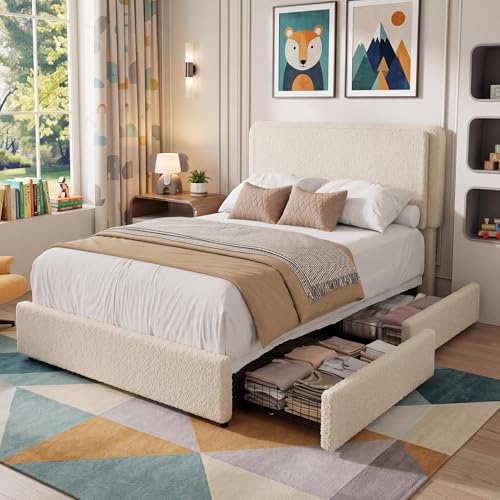 Garvee Twin Size Bed Frame with 2 Storage Drawers and Upholstered Headboard | Teddy Fleece Fabric Upholstered Bed Frame - size: Twin