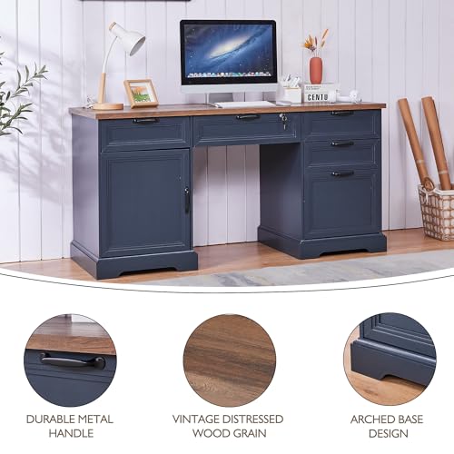 60" Farmhouse Executive Desk with 40" Mobile File Cabinet,L Shaped Desk Set with Charging Station,Office Desk with Storage Drawers,Wood Computer Desk Set for Office Work,Home Study - color: Blue